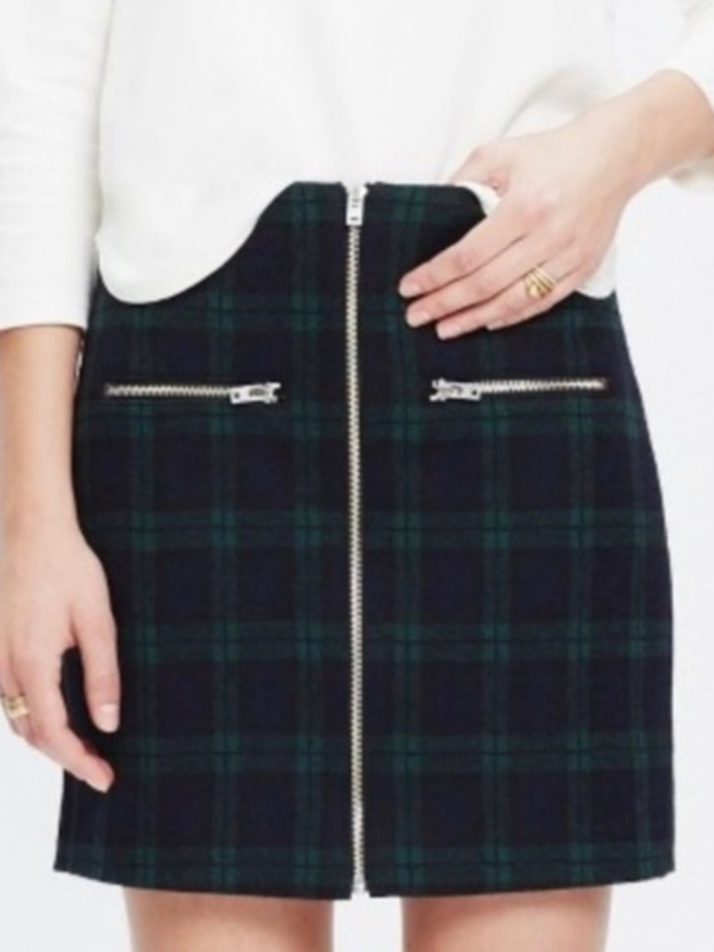 Madewell Plaid Mini Skirt Green Navy Wool Blend Zip Front Sz 2